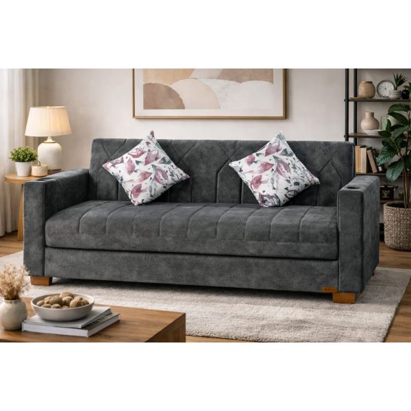 كنبة سرير معدن خشب كونتر تنجيد جلد مقلوب ماس الدورا، 215×80×85 سم، 2 حامل اكواب، 2 كوشن - رمادي