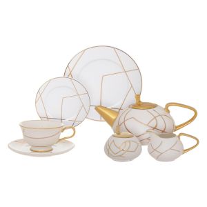 Lotus Dream Porcelain Tea and Cake Set, 24 Pieces - White Gold
