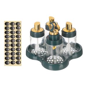 Glass Spice and Jars Set, 4 Pieces,With Stand - Olive Clear