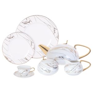 Lotus Dream Porcelain Tea and Cake Set, 24 Pieces - White Gold