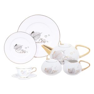 Lotus Dream Porcelain Tea and Cake Set, 24 Pieces - White Gold