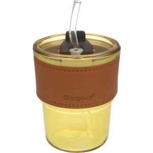Glass Mug with Straw, Leather Handle, 250ml - Light Brown