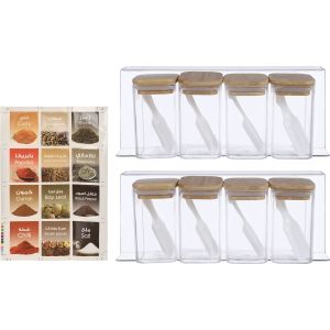 Acrylic Spice Jar Set, Wood Lid, 8 Pieces, 250 ml, 2 Acrylic Stand, 8 Plastic Spoon Gift - Clear Wooden