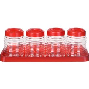 Lamsa Plast Plastic Spice Jar Set, 4 Pieces, 335 ml, with Wall Stand - Red