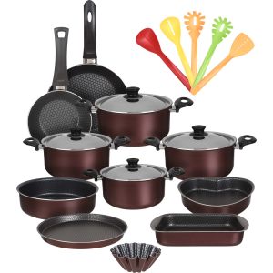 Trueval Teflon Pots Set, 20 Pieces - Dark Red