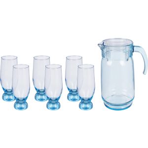 Pasabahce Glass Cups with Flask Set, 7 Pieces - Clear Blue