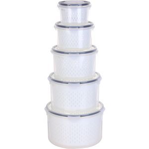 Plastic Round Refrigerator box Set, Clip Lid, 5 Pieces - Clear Grey