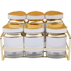 Stainless Steel Spice Set, Glass Heart, In Addition Stainless Steel Stand, 6 Pieces - White Gold