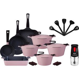 Pyrex Granite Pots Set, 21 Pieces, with Gift Mienta Chopper - Rose