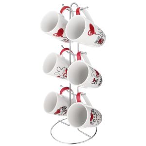 Lotus Porcelain Mugs set, with Metal Stand, 6 Pieces With Stand - Multicolor