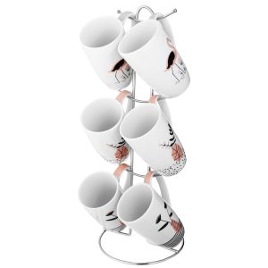 Lotus Porcelain Mugs set, with Metal Stand, 6 Pieces With Stand - Multicolor