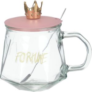 Glass Mug with Plastic Lid shaped crown, Metal Spoon, 350 ml - Rose