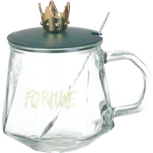 Glass Mug with Plastic Lid shaped crown, Metal Spoon, 350 ml - Dark Green