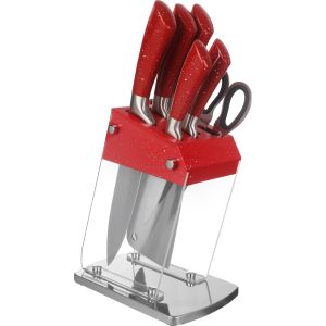 Falmer Stainless Steel Knife Set, 6 Pieces, with Stand - Silver Red