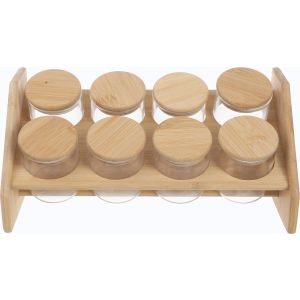 Glass Spice Set with Wooden Lid, with Wooden Stand, 8 Pieces, 100 ml - Clear Wooden