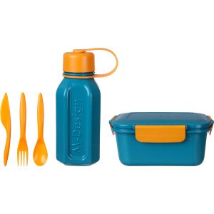M-Design Plastic Lunch Box with Water Bottle, 5 Pieces, 1.1 Liters - Dark Green Orange