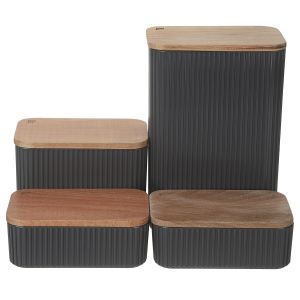 Karaca Plastic Storage Box Set with Wood Lid, 4 Pieces - Grey Beige