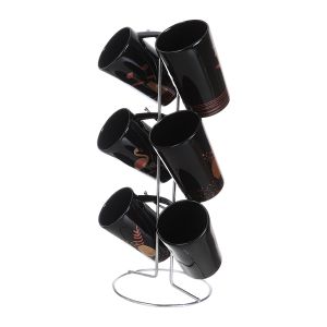 Lotus Dream Porcelain Mug Set, 6 Pieces with Stand - Black