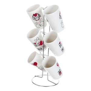 Lotus Dream Porcelain Mug Set, 6 Pieces with Stand - Multicolor
