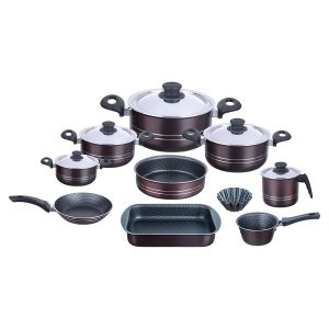 Trueval Teflon Cookware Set, 15 Pieces - Dark Red