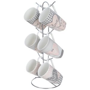 Lotus Dream Porcelain Mug Set, 6 Pieces With Stand