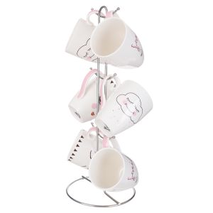Lotus Dream Porcelain Mug Set, 6 Pieces With Stand - White