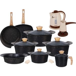 Ideal Home Granite Cookware Set, 17 Pieces, with Electric Kettle and Nouval Coffee Maker as a Gift - Black