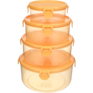 Winner Plast Round Refrigerator box Set, 4 Pieces, with Clip Lid - Orange Clear