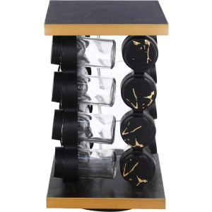EL Tag Glass Spice Set, with Plastic Lid, 16 Pieces, 17×29 cm, with Movable Wooden Stand - Black Gold