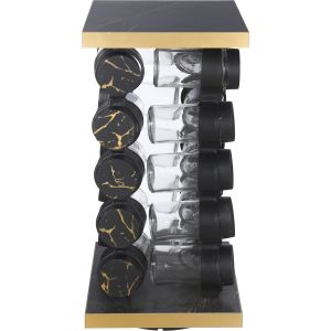 EL Tag Glass Spice Set, with Plastic Lid, 20 Pieces, 17×35 cm, with Movable Wooden Stand - Black Gold