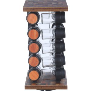 EL Tag Glass Spice Set, with Plastic Lid, 20 Pieces, 17×35 cm, with Movable Wooden Stand - Black Wooden