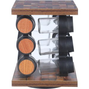 EL Tag Glass Spice Set, with Plastic Lid, 12 Pieces, 17×23 cm, with Movable Wooden Stand - Black Wooden
