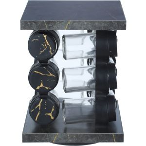 EL Tag Glass Spice Set, with Plastic Lid, 12 Pieces, 17×23 cm, with Movable Wooden Stand - Black Gold