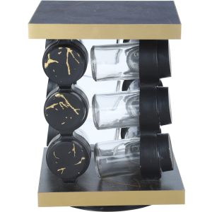 Nano Plast Glass Spice Set, with Plastic Lid, 12 Pieces, 17×23 cm, with Movable Wooden Stand - Black Gold