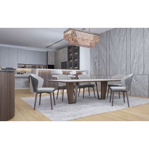  Natural beech dining table, metal frame on the legs, 6 chairs upholstered in linen fabric