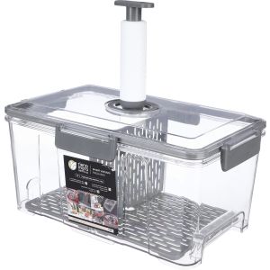 Riena Mora Rectangular Plastic Storage Box, with Clip Lid, with Press and Vacuum Air Button and Strainer, 7.5 Litre - Clear Grey
