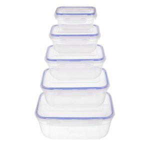 Lock & Fresh Plastic Refrigerator Box Set with Clips Lid, 5 Pieces - Clear Blue