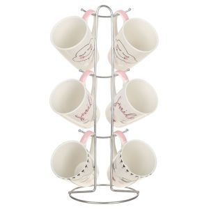 Lotus Dream Porcelain Mug Set, 6 Pieces With Stand