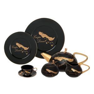 Lotus Dream Porcelain Tea and Cake Set, 24 Pieces - Black Gold