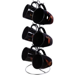 Lotus Dream Porcelain Mug Set, 6 Pieces, With Stand - Black