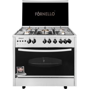 Fornello Gas Cooker, 5 Burners, 60 x 90 cm, Auto Ignition, Motorized Grill - Silver Black