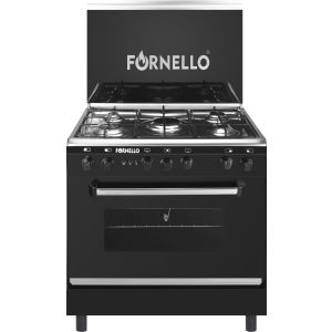 Fornello Gas Cooker, 5 Burners, 60×80 cm, Grill Motor, Self Ignition - Black Silver