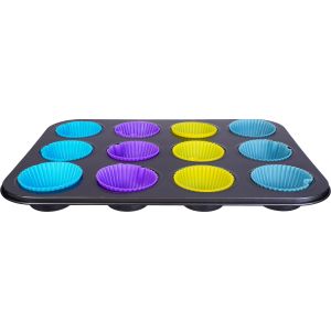 Falmer Teflon Cupcake Mold Set, 12 Eyes, with 12 Silicone Pieces - Multicolor