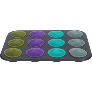 ELCHEEF Teflon Cupcake Mold, 12 Eyes, with 12 Silicone Pieces - Multicolor