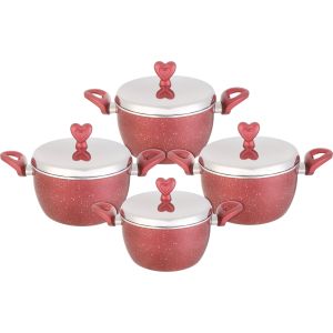 Nouval Teflon Pots Set, Stainless Steel Lid, 8 Pieces - Red