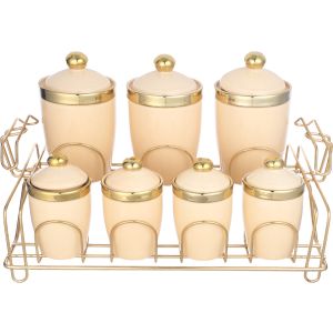 Lotus Dream Porcelain Spice Set, 7 Pieces, with Metal Stand - Beige Gold