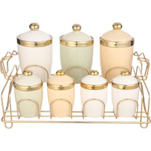 Lotus Dream Porcelain Spice Set, 7 Pieces, with Metal Stand - Multicolor