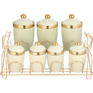 Lotus Dream Porcelain Spice Set, 7 Pieces, with Metal Stand - Multicolor