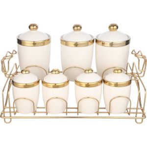 Lotus Dream Porcelain Spice Set, 7 Pieces, with Metal Stand - White Gold