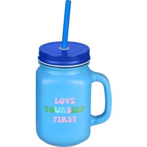 Glass Mug with Shalimoh, Metal Lid, 500 ml - Light Blue